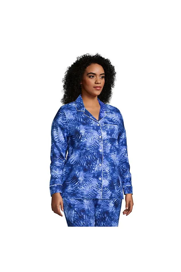 Lands039 End Pajamas and Robes Women Plus Size Long Sleeve Print Flannel Pajama Top Deep Sea Navy Tie Dye Palm