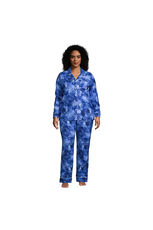 Lands039 End Pajamas and Robes Women Plus Size Long Sleeve Print Flannel Pajama Top Deep Sea Navy Tie Dye Palm