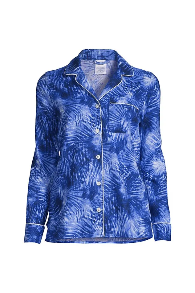 Lands039 End Pajamas and Robes Women Plus Size Long Sleeve Print Flannel Pajama Top Deep Sea Navy Tie Dye Palm