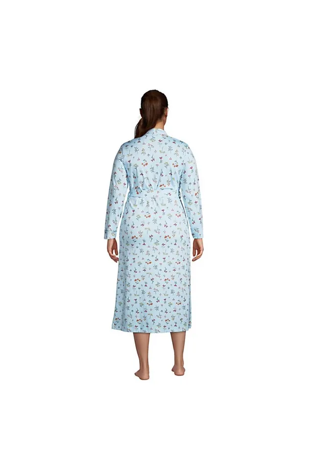 Lands039 End Pajamas and Robes Women Plus Size Supima Cotton Long Robe Blue Botanical Floral Check