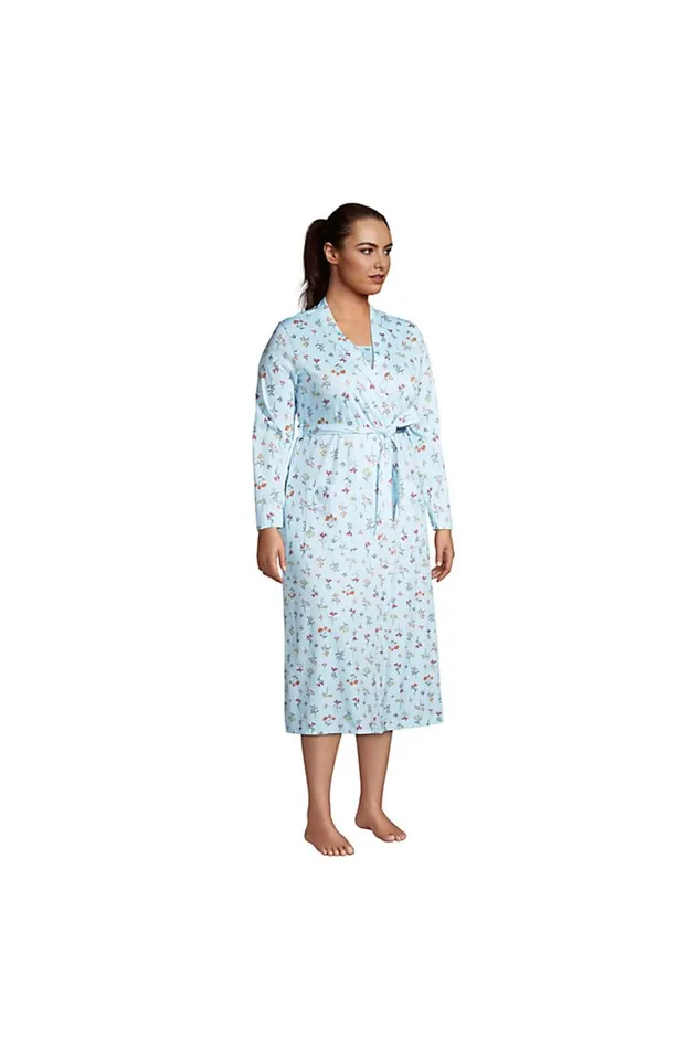 Lands039 End Pajamas and Robes Women Plus Size Supima Cotton Long Robe Blue Botanical Floral Check