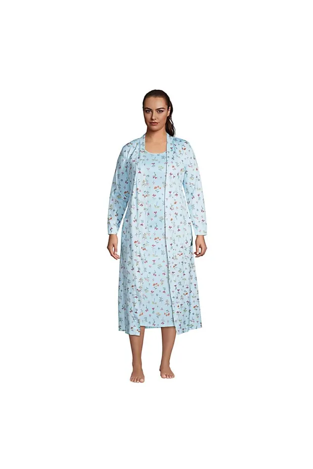 Lands039 End Pajamas and Robes Women Plus Size Supima Cotton Long Robe Blue Botanical Floral Check