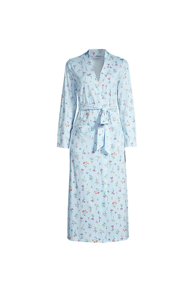 Lands039 End Pajamas and Robes Women Plus Size Supima Cotton Long Robe Blue Botanical Floral Check