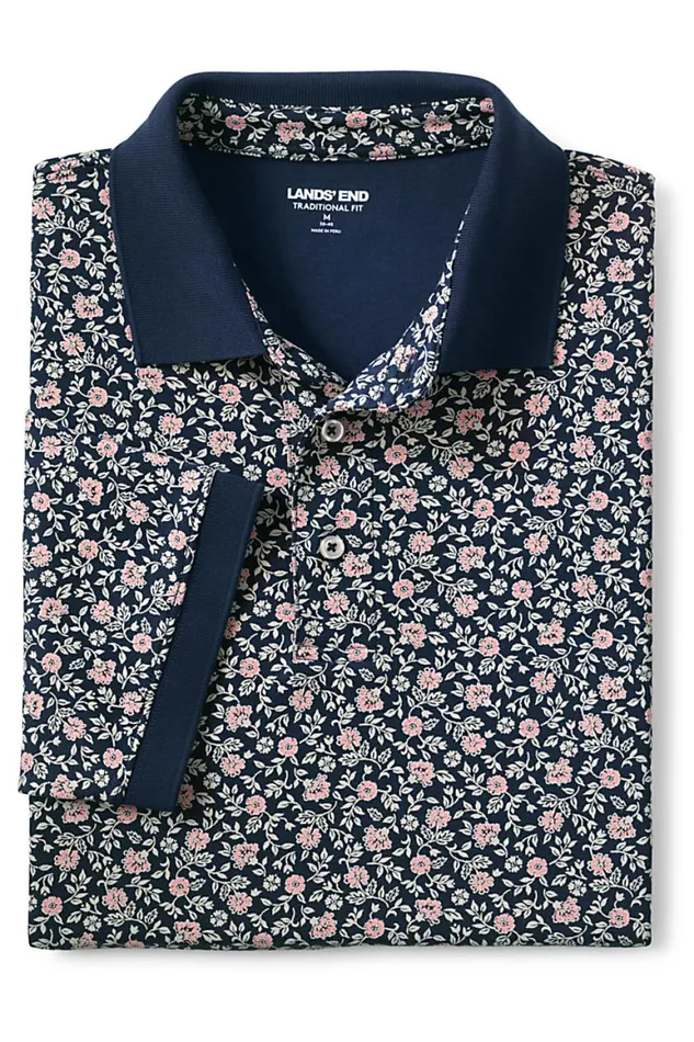 Lands039 End Polo Shirts Men Short Sleeve Pattern Supima Polo Shirt Radiant Navy Print