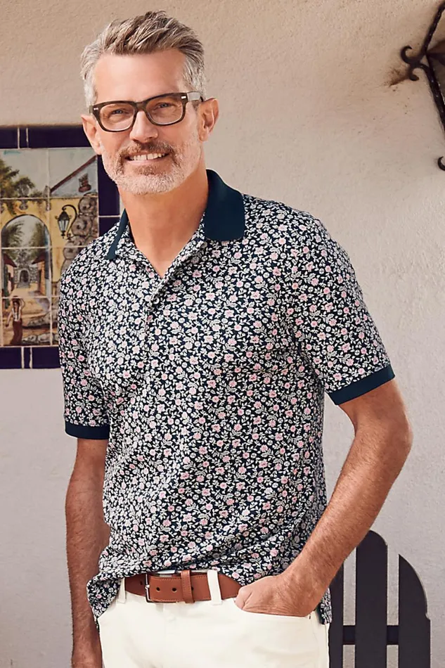 Lands039 End Polo Shirts Men Short Sleeve Pattern Supima Polo Shirt Radiant Navy Print