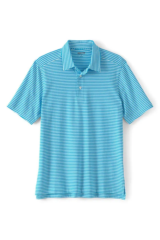 Lands039 End Polo Shirts Men Traditional Fit Performance Polo Malibu Blue Stripe