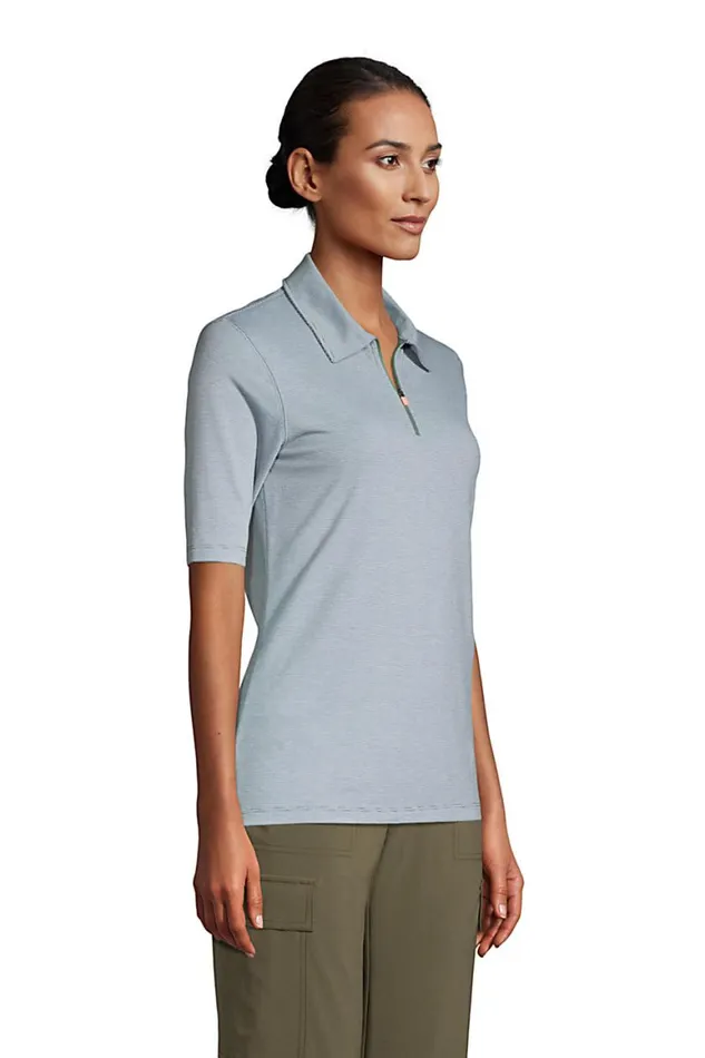 Lands039 End Polo Shirts Women Moisture Wicking Upf Sun Elbow Sleeve Zip Front Polo Shirt Light Blue Radiance Pinstripe Lands039 End Polo Shirts Women Moisture Wicking Upf Sun Elbow Sleeve Zip Front Polo Shirt Light Blue Radiance Pinstripe