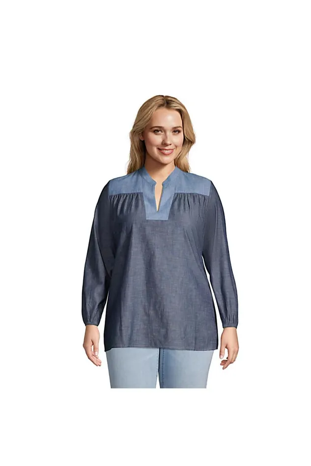 Lands039 End Shirts and Blouses Women Plus Size Chambray Mix Peasant Top Dark Indigo Chambray Lands039 End Shirts and Blouses Women Plus Size Chambray Mix Peasant Top Dark Indigo Chambray