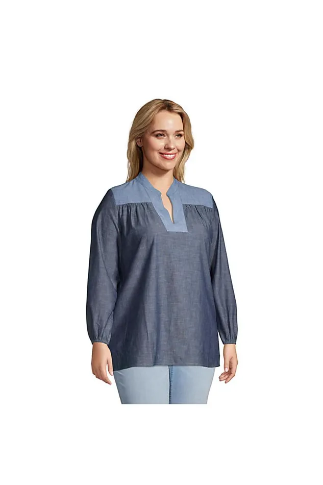 Lands039 End Shirts and Blouses Women Plus Size Chambray Mix Peasant Top Dark Indigo Chambray Lands039 End Shirts and Blouses Women Plus Size Chambray Mix Peasant Top Dark Indigo Chambray