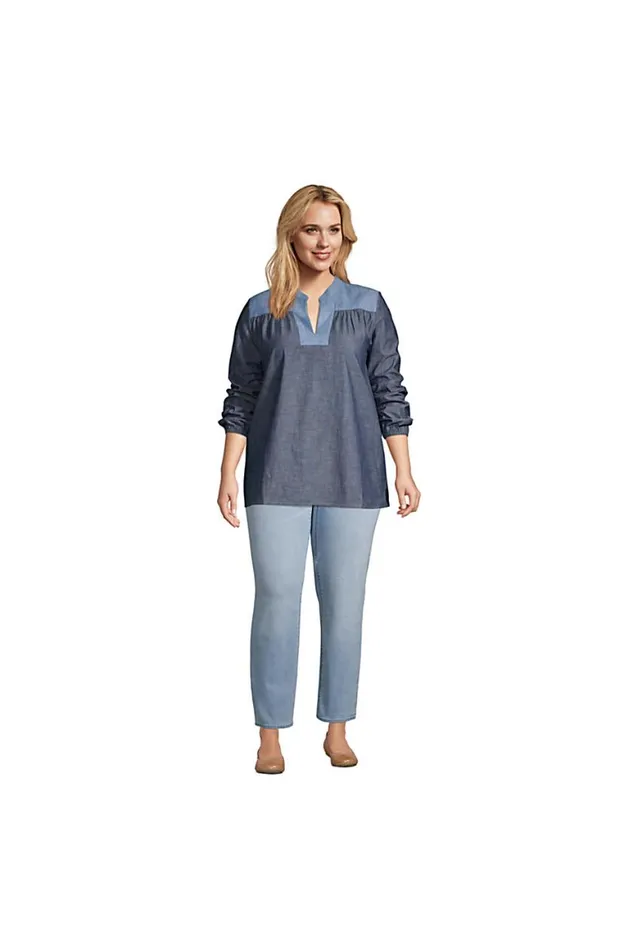 Lands039 End Shirts and Blouses Women Plus Size Chambray Mix Peasant Top Dark Indigo Chambray Lands039 End Shirts and Blouses Women Plus Size Chambray Mix Peasant Top Dark Indigo Chambray