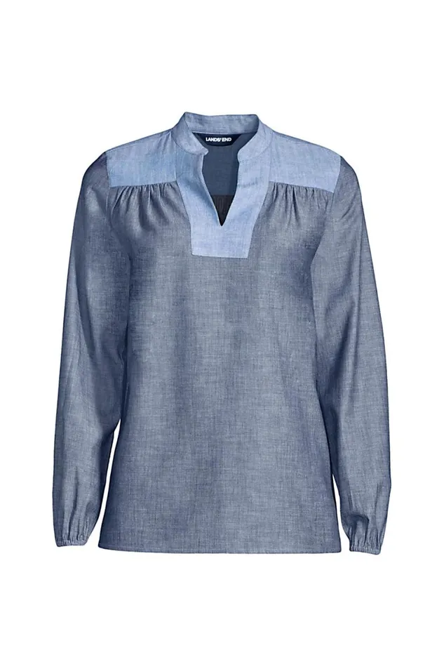 Lands039 End Shirts and Blouses Women Plus Size Chambray Mix Peasant Top Dark Indigo Chambray Lands039 End Shirts and Blouses Women Plus Size Chambray Mix Peasant Top Dark Indigo Chambray