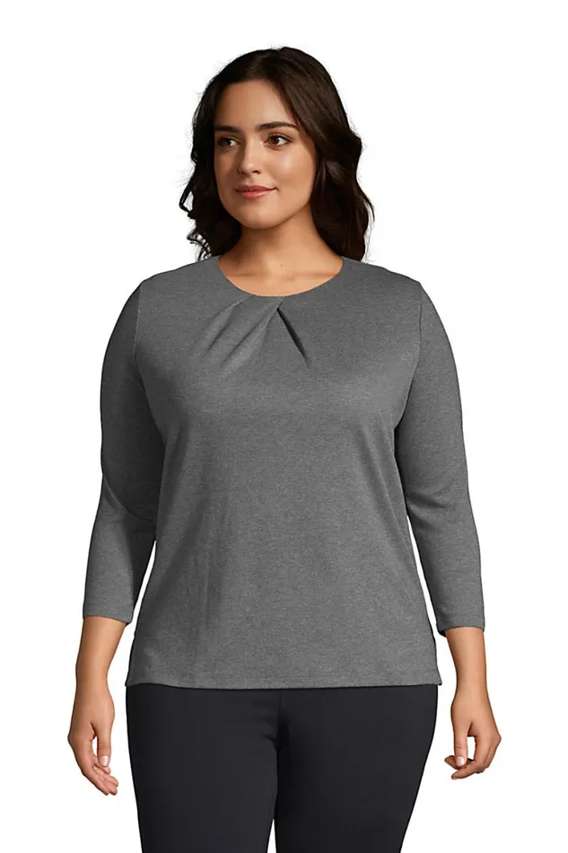 Lands039 End Shirts and Blouses Women Plus Size Cotton Polyester 34 Sleeve Pleat Neck Top Charcoal Heather Lands039 End Shirts and Blouses Women Plus Size Cotton Polyester 34 Sleeve Pleat Neck Top Charcoal Heather
