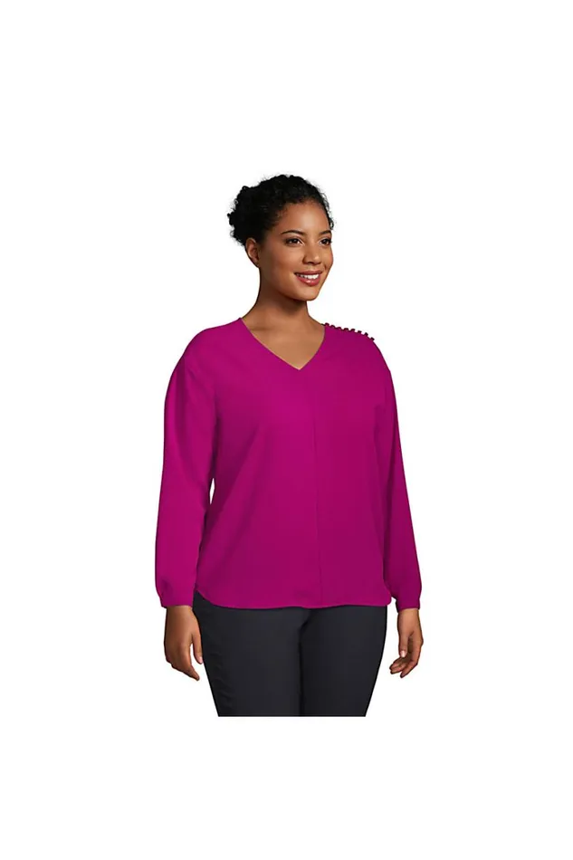 Lands039 End Shirts and Blouses Women Plus Size Long Sleeve Vneck Button Shoulder Crepe Blouse Harbor Gray