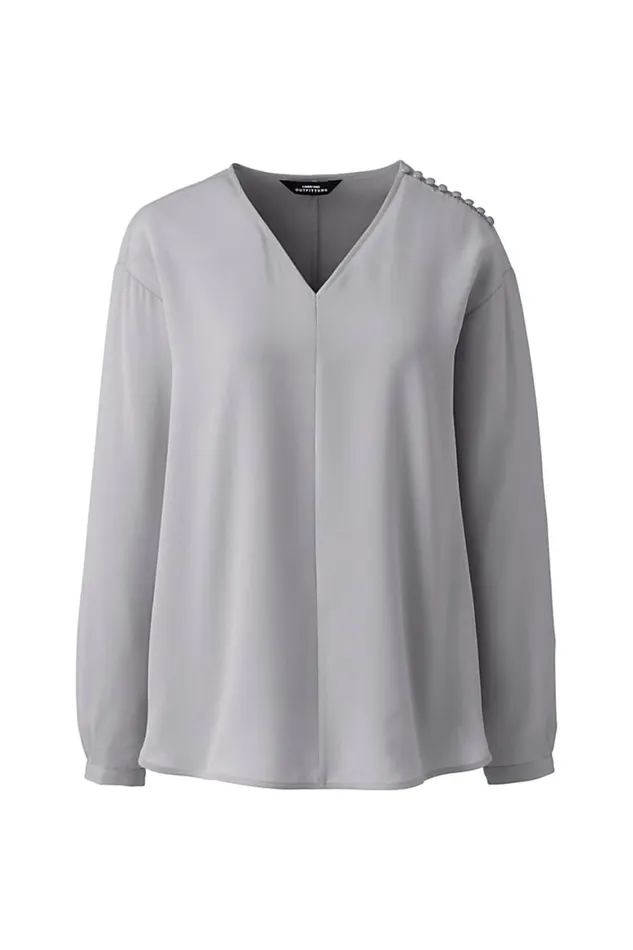 Lands039 End Shirts and Blouses Women Plus Size Long Sleeve Vneck Button Shoulder Crepe Blouse Harbor Gray