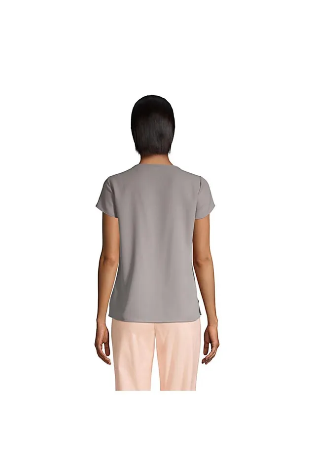 Lands039 End Shirts and Blouses Women Short Sleeve Pleated Keyhole Crepe Blouse True Navy