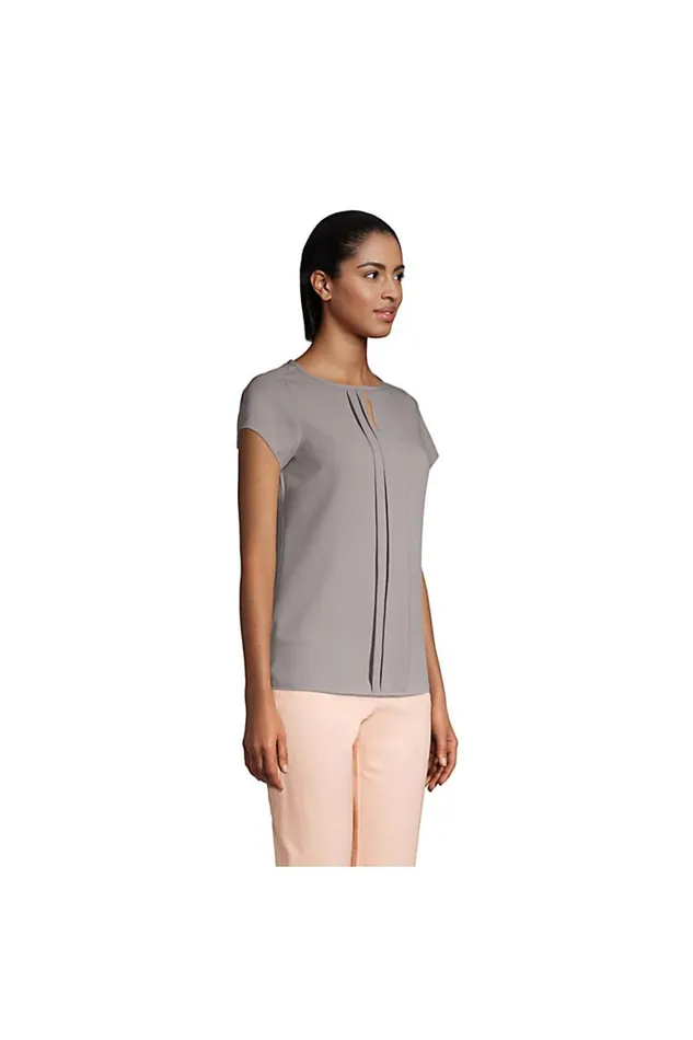 Lands039 End Shirts and Blouses Women Short Sleeve Pleated Keyhole Crepe Blouse True Navy