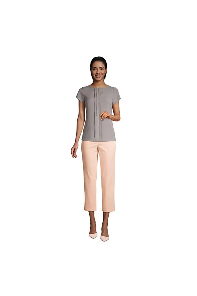 Lands039 End Shirts and Blouses Women Short Sleeve Pleated Keyhole Crepe Blouse True Navy