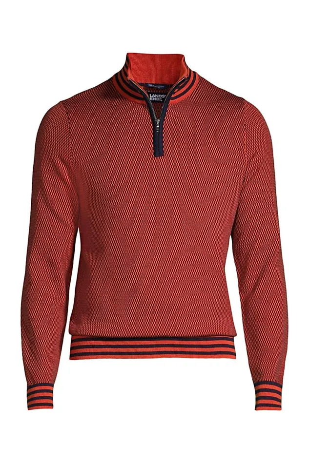 Lands039 End Sweaters Men Fine Gauge Supima Quarter Zip Orange Clay Pattern