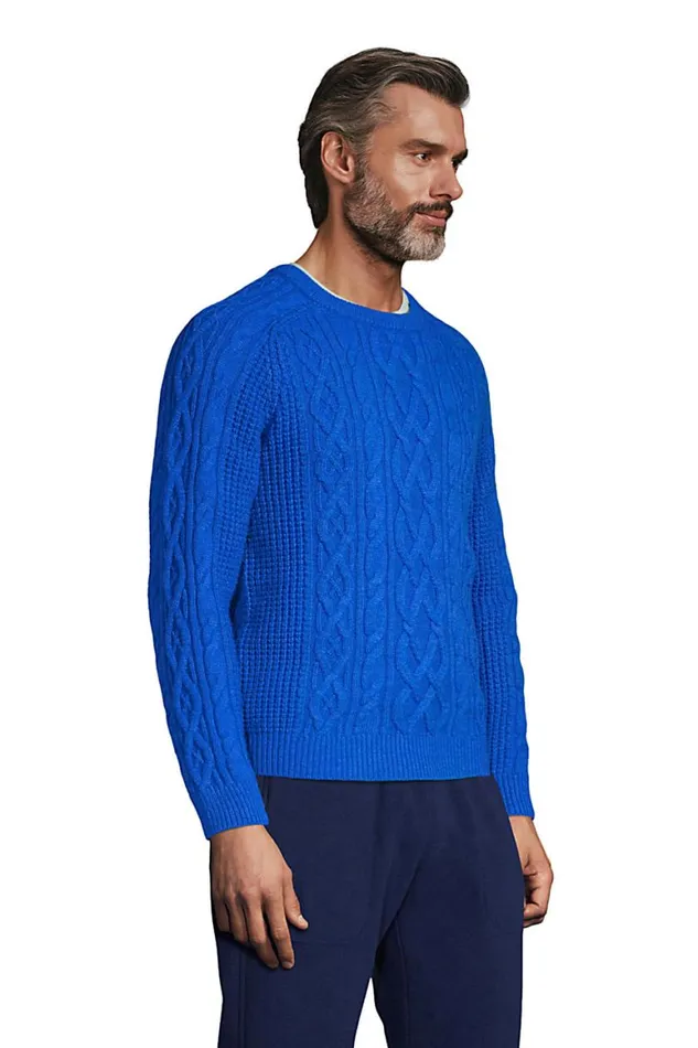 Lands039 End Sweaters Men Lighthouse Cable Waffle Crewneck Sweater Emerald Gulf