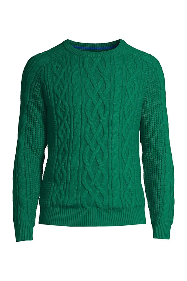Lands039 End Sweaters Men Lighthouse Cable Waffle Crewneck Sweater Emerald Gulf