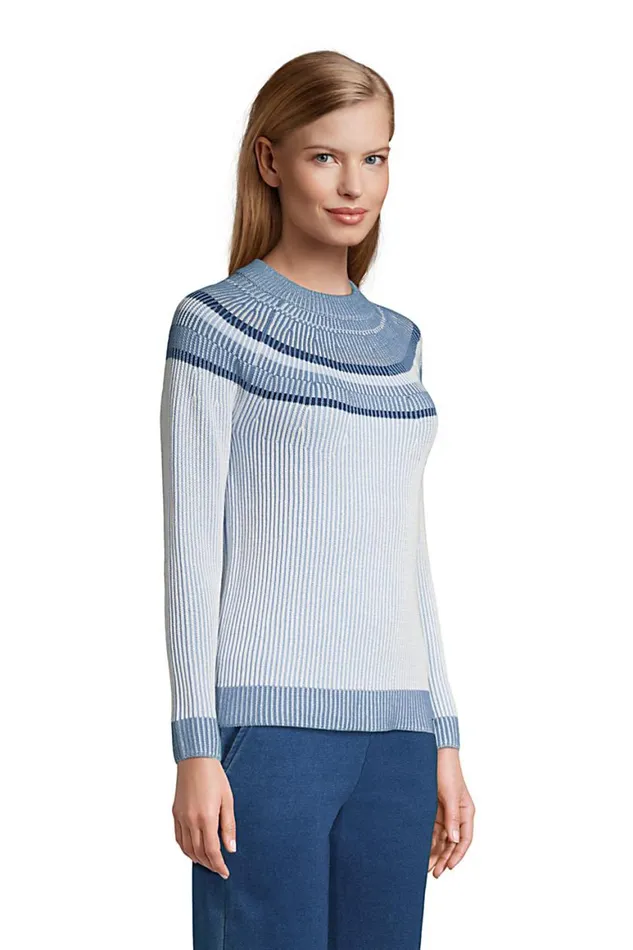 Lands039 End Sweaters Women Cotton Drifter Shaker Doubled Crew Neck Sweater 8211 Striped Yoke Blue Plaited Placed Stripe Lands039 End Sweaters Women Cotton Drifter Shaker Doubled Crew Neck Sweater 8211 Striped Yoke Blue Plaited Placed Stripe