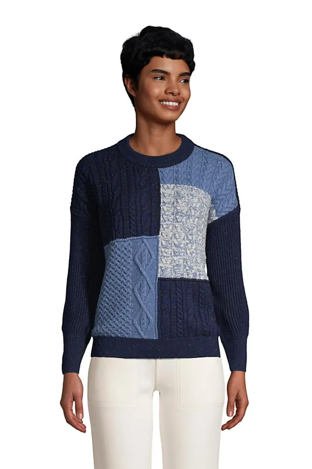 Lands039 End Sweaters Women Patchwork Crew Neck Sweater Blue Quilted Cable