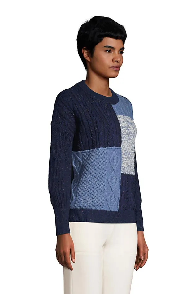 Lands039 End Sweaters Women Patchwork Crew Neck Sweater Blue Quilted Cable Lands039 End Sweaters Women Patchwork Crew Neck Sweater Blue Quilted Cable
