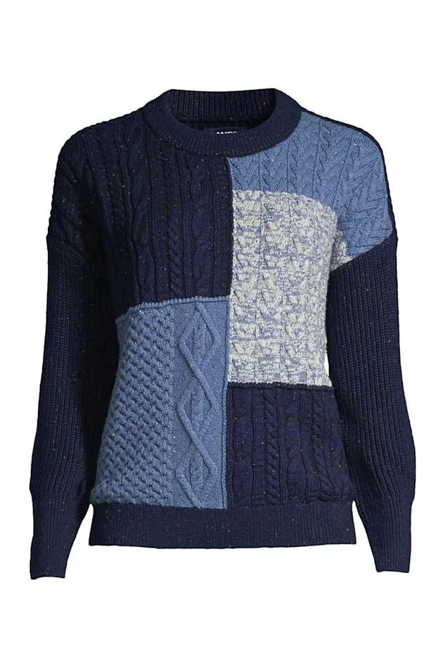 Lands039 End Sweaters Women Patchwork Crew Neck Sweater Blue Quilted Cable Lands039 End Sweaters Women Patchwork Crew Neck Sweater Blue Quilted Cable