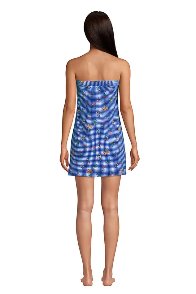 Lands039 End Swimsuits Women Chlorine Resistant Bandeau Dresskini Swimsuit Top Removable Adjustable Straps Electric Blue Botanical Check