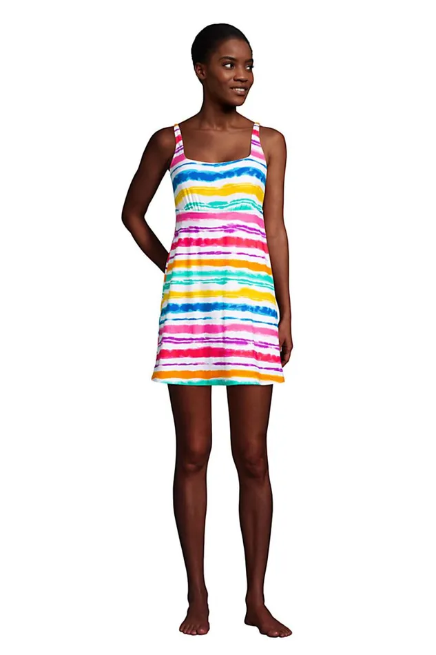 Lands039 End Swimsuits Women Chlorine Resistant Tummy Control Square Neck Swim Dress One Piece Swimsuit With Shorts White Rainbow Multi Stripe Lands039 End Swimsuits Women Chlorine Resistant Tummy Control Square Neck Swim Dress One Piece Swimsuit With Shorts White Rainbow Multi Stripe