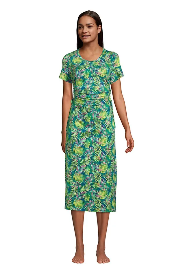 Lands039 End Swimsuits Women Cotton Modal Short Sleeve Adjustable Swim Coverup Dress Baltic Teal Multi Palm Lands039 End Swimsuits Women Cotton Modal Short Sleeve Adjustable Swim Coverup Dress Baltic Teal Multi Palm