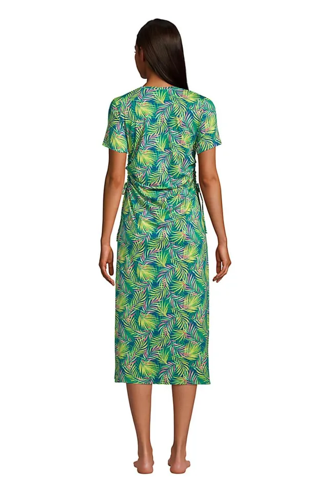 Lands039 End Swimsuits Women Cotton Modal Short Sleeve Adjustable Swim Coverup Dress Baltic Teal Multi Palm