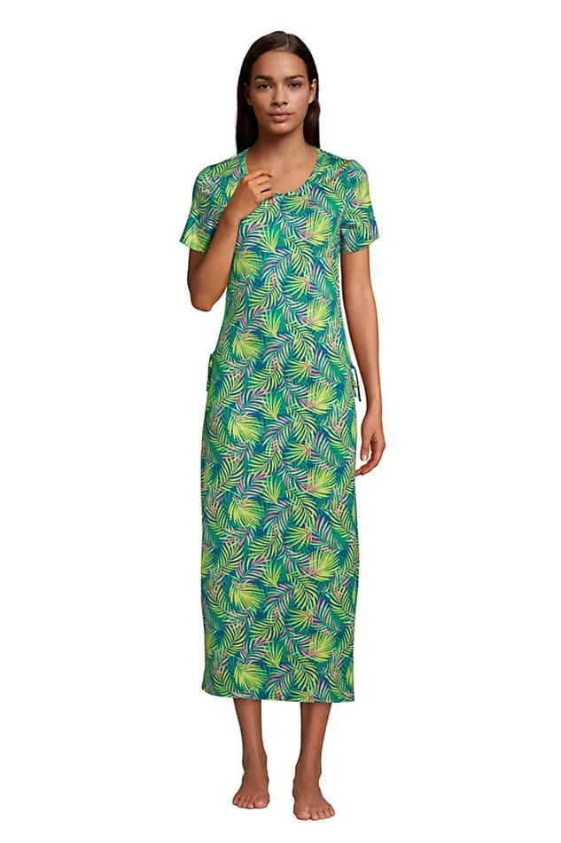 Lands039 End Swimsuits Women Cotton Modal Short Sleeve Adjustable Swim Coverup Dress Baltic Teal Multi Palm