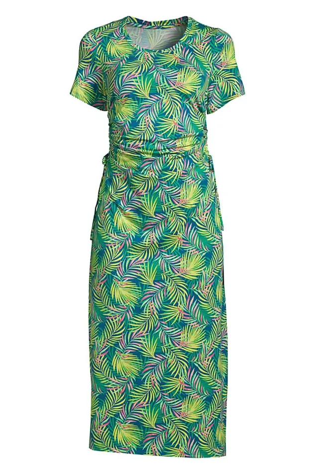 Lands039 End Swimsuits Women Cotton Modal Short Sleeve Adjustable Swim Coverup Dress Baltic Teal Multi Palm