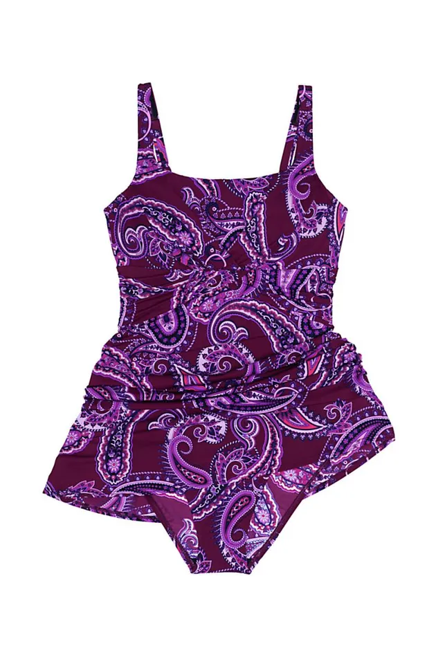 Lands039 End Swimsuits Women Dddcup Slender Tummy Control Underwire Swim Dress One Piece Swimsuit Print Bright Eggplant Floral Paisley