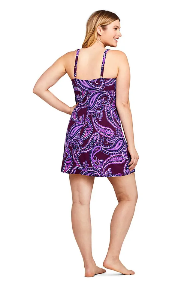 Lands039 End Swimsuits Women Dddcup Slender Tummy Control Underwire Swim Dress One Piece Swimsuit Print Bright Eggplant Floral Paisley
