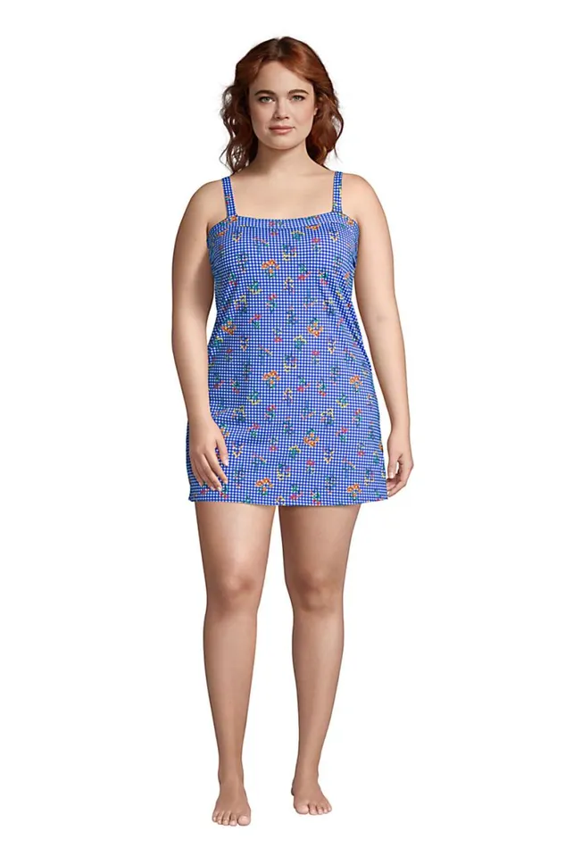 Lands039 End Swimsuits Women Plus Size Chlorine Resistant Bandeau Dresskini Swimsuit Top Removable Adjustable Straps Electric Blue Botanical Check