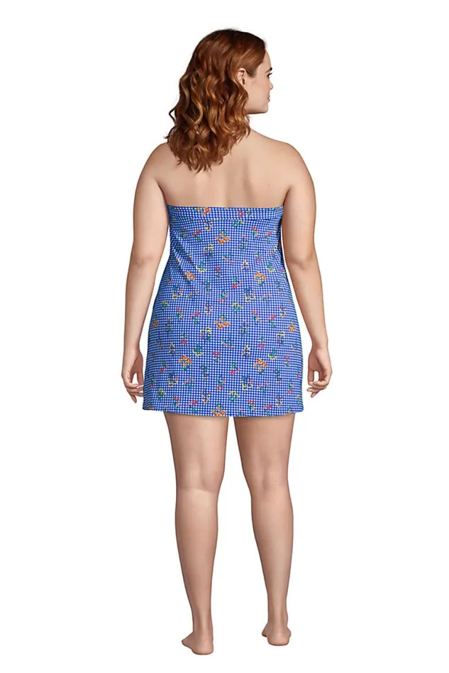 Lands039 End Swimsuits Women Plus Size Chlorine Resistant Bandeau Dresskini Swimsuit Top Removable Adjustable Straps Electric Blue Botanical Check