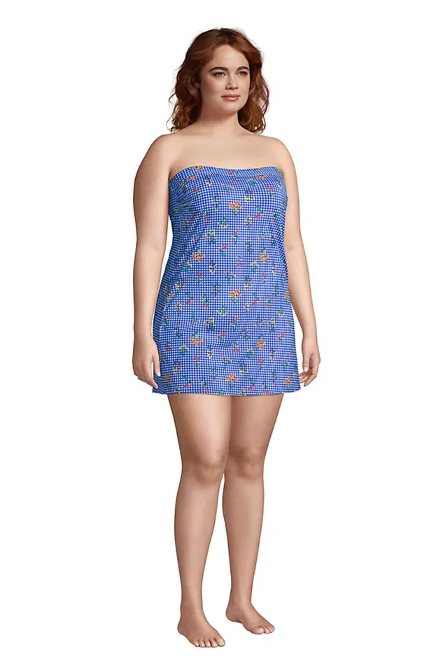 Lands039 End Swimsuits Women Plus Size Chlorine Resistant Bandeau Dresskini Swimsuit Top Removable Adjustable Straps Electric Blue Botanical Check