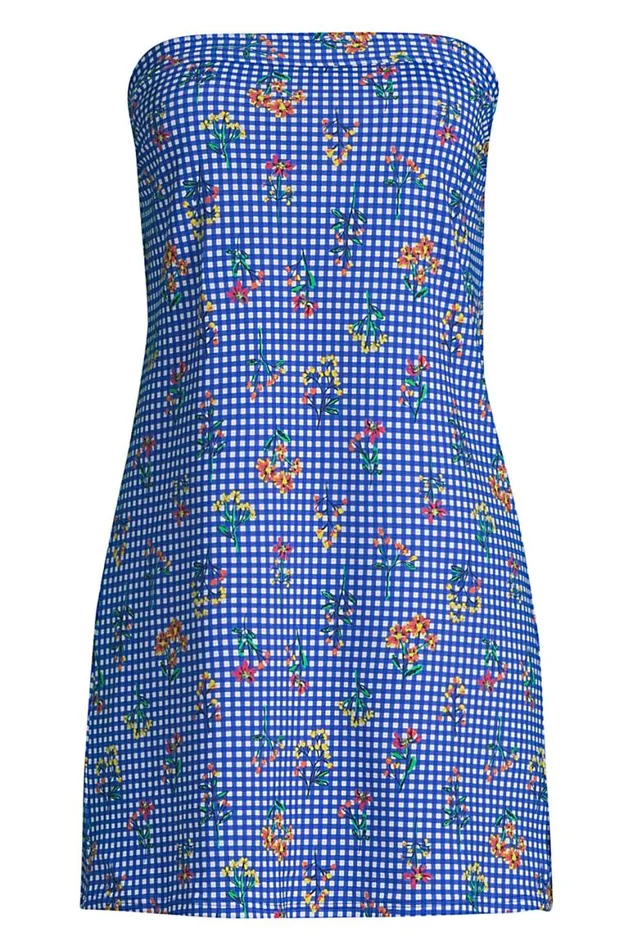 Lands039 End Swimsuits Women Plus Size Chlorine Resistant Bandeau Dresskini Swimsuit Top Removable Adjustable Straps Electric Blue Botanical Check