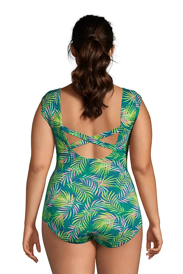Lands039 End Swimsuits Women Plus Size Chlorine Resistant Tummy Control Cap Sleeve Xback One Piece Swimsuit Baltic Teal Multi Palm