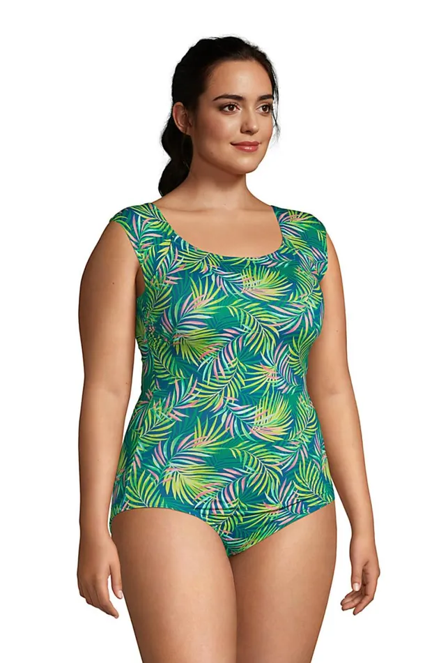 Lands039 End Swimsuits Women Plus Size Chlorine Resistant Tummy Control Cap Sleeve Xback One Piece Swimsuit Baltic Teal Multi Palm
