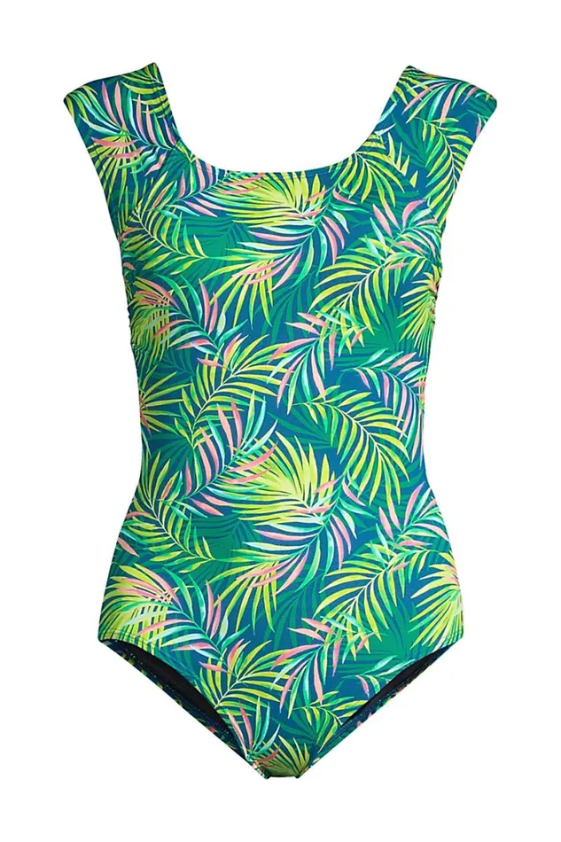 Lands039 End Swimsuits Women Plus Size Chlorine Resistant Tummy Control Cap Sleeve Xback One Piece Swimsuit Baltic Teal Multi Palm