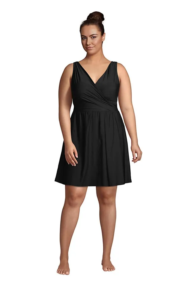 Lands039 End Swimsuits Women Plus Size Chlorine Resistant Tummy Control Surplice Wrap Swim Dress One Piece Swimsuit Black