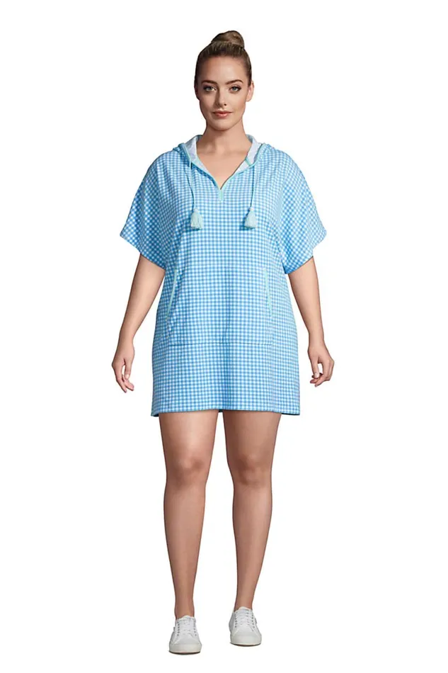 Lands039 End Swimsuits Women Plus Size Terry Vneck Short Sleeve Hooded Swim Coverup Dress With Pocket Paradise Aqua Gingham Lands039 End Swimsuits Women Plus Size Terry Vneck Short Sleeve Hooded Swim Coverup Dress With Pocket Paradise Aqua Gingham