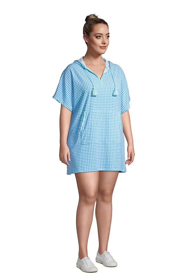 Lands039 End Swimsuits Women Plus Size Terry Vneck Short Sleeve Hooded Swim Coverup Dress With Pocket Paradise Aqua Gingham