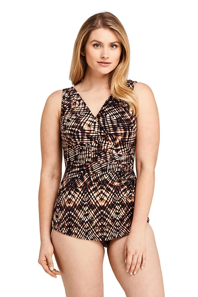 Lands039 End Swimsuits Women Slender Surplice Tunic One Piece Swimsuit With Tummy Control Print Black Etched Lands039 End Swimsuits Women Slender Surplice Tunic One Piece Swimsuit With Tummy Control Print Black Etched
