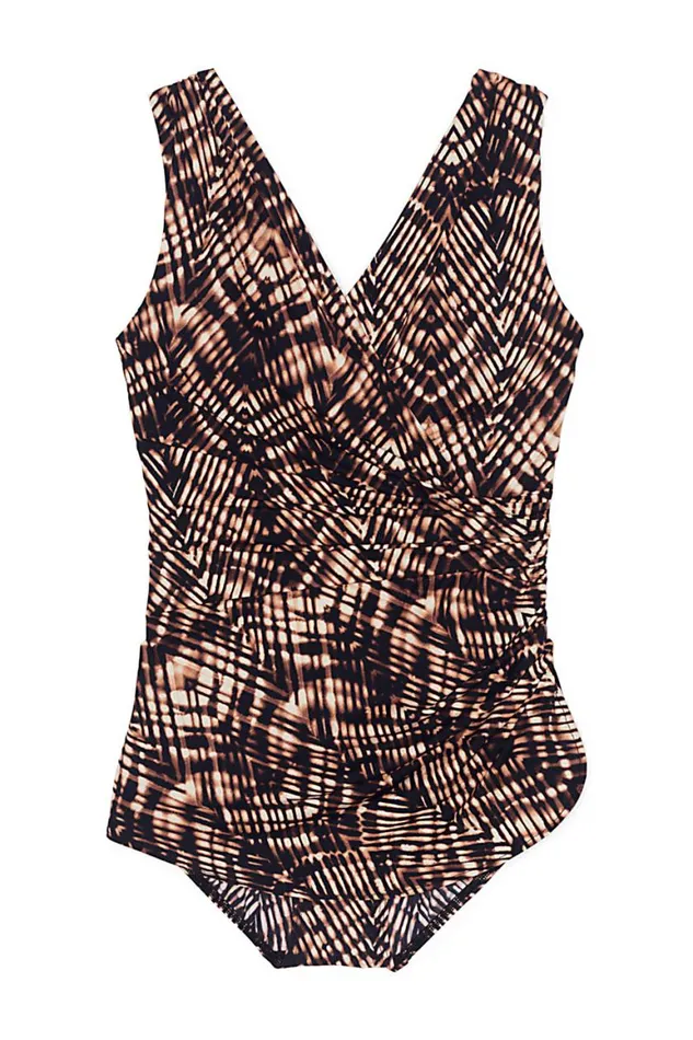 Lands039 End Swimsuits Women Slender Surplice Tunic One Piece Swimsuit With Tummy Control Print Black Etched Lands039 End Swimsuits Women Slender Surplice Tunic One Piece Swimsuit With Tummy Control Print Black Etched
