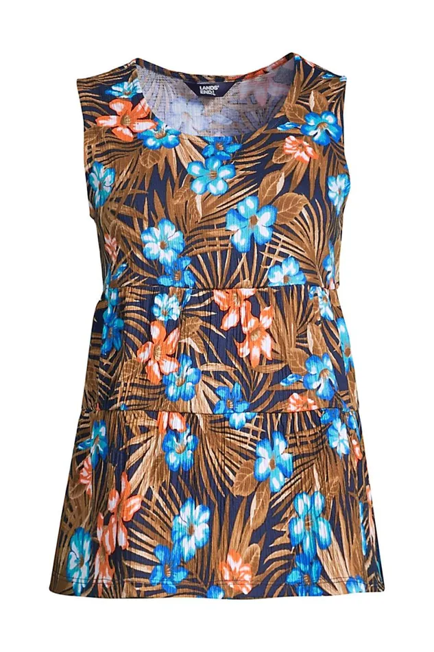 Lands039 End Tops and Tees Women Crinkle Knit Tiered Tank Top Deep Sea Navy Tropic Palm Lands039 End Tops and Tees Women Crinkle Knit Tiered Tank Top Deep Sea Navy Tropic Palm