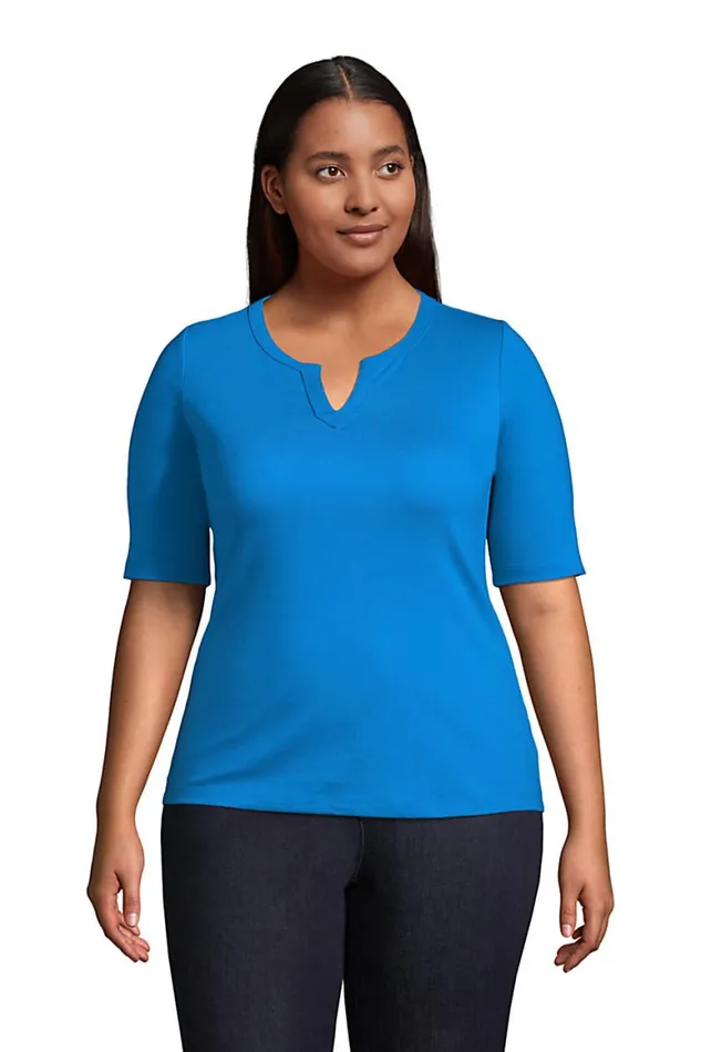 Lands039 End Tops and Tees Women Plus Size Cotton Polyester Modern Half Sleeve Splitneck Siam Blue Lands039 End Tops and Tees Women Plus Size Cotton Polyester Modern Half Sleeve Splitneck Siam Blue
